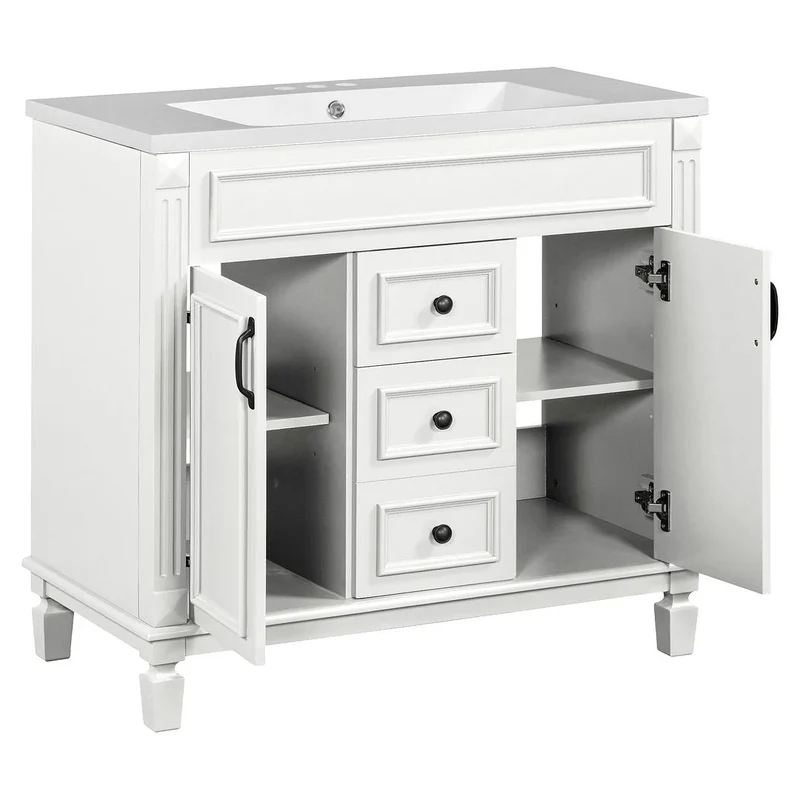 Meuble-lavabo de salle de bain moderne de 91 cm avec lavabo et armoire de toilette, 2 portes et 2 tiroirs