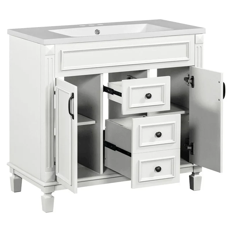 Meuble-lavabo de salle de bain moderne de 91 cm avec lavabo et armoire de toilette, 2 portes et 2 tiroirs