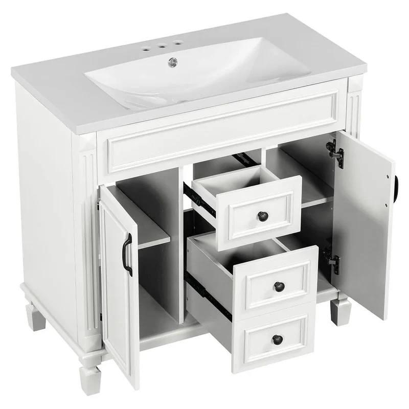 Meuble-lavabo de salle de bain moderne de 91 cm avec lavabo et armoire de toilette, 2 portes et 2 tiroirs