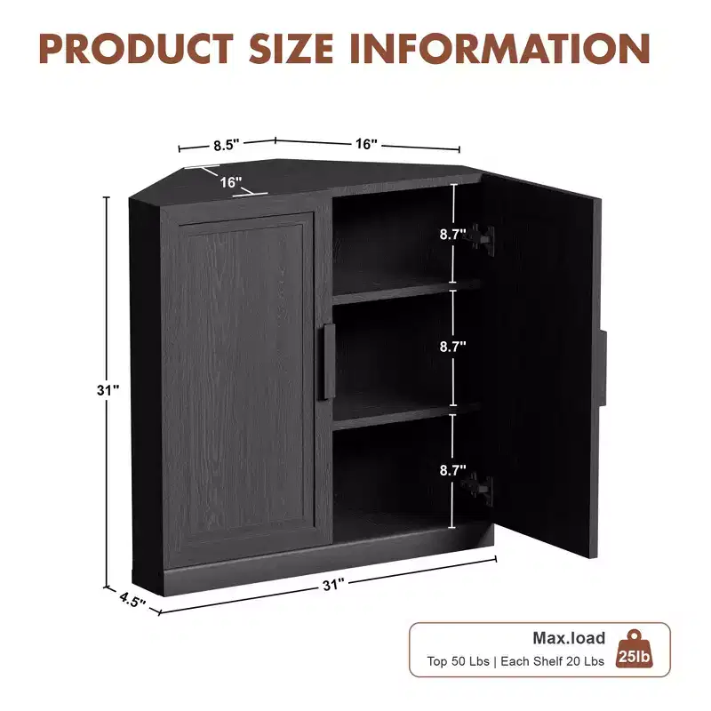 Meuble d'angle Dovelina avec étagères réglables, buffet, meuble à vin, meuble de cuisine et de salle à manger avec portes en bois - 31H x 31L, 36H x 31L