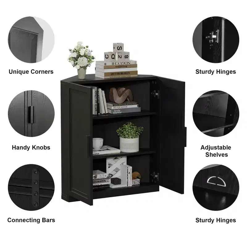 Meuble d'angle Dovelina avec étagères réglables, buffet, meuble à vin, meuble de cuisine et de salle à manger avec portes en bois - 31H x 31L, 36H x 31L