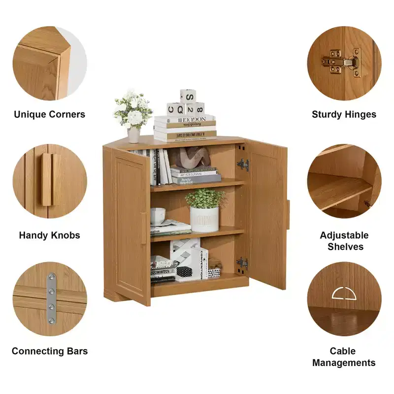 Meuble d'angle Dovelina avec étagères réglables, buffet, meuble à vin, meuble de cuisine et de salle à manger avec portes en bois - 31H x 31L, 36H x 31L