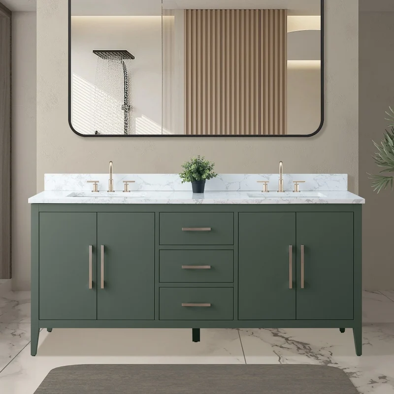 Meuble-lavabo de salle de bain Vanity Art 72 po à double vasque avec dessus en marbre reconstitué