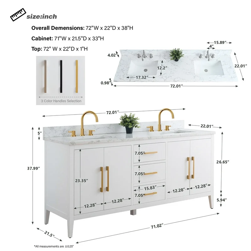 Meuble-lavabo de salle de bain Vanity Art 72 po à double vasque avec dessus en marbre reconstitué