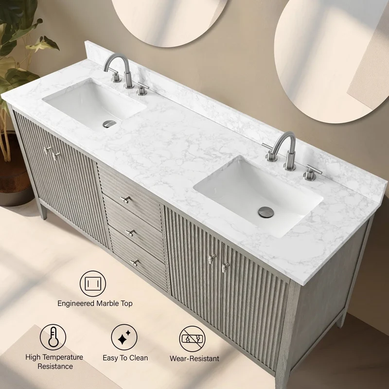 Meuble-lavabo de salle de bain Vanity Art 72 po à double vasque avec dessus en marbre reconstitué