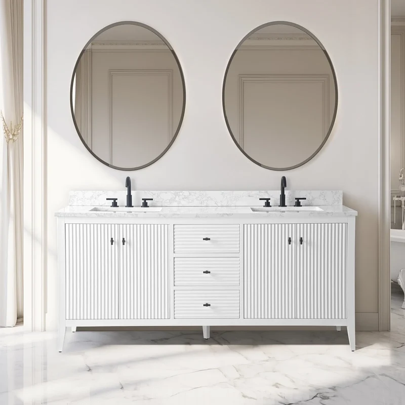 Meuble-lavabo de salle de bain Vanity Art 72 po à double vasque avec dessus en marbre reconstitué
