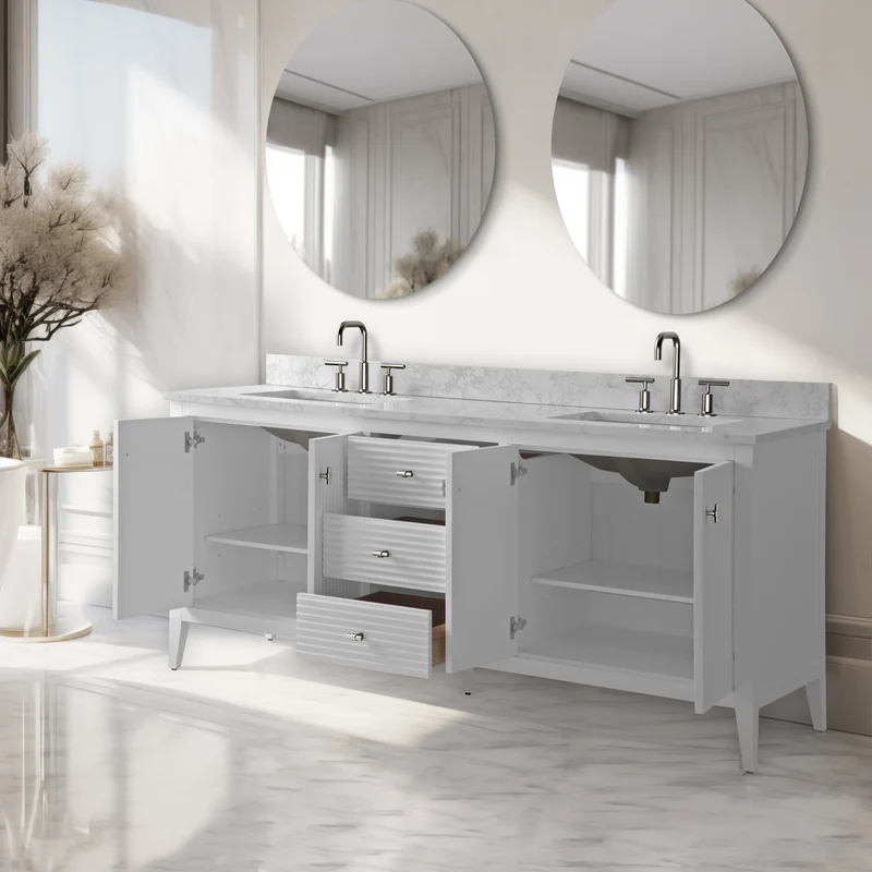 Meuble-lavabo de salle de bain Vanity Art 72 po à double vasque avec dessus en marbre reconstitué