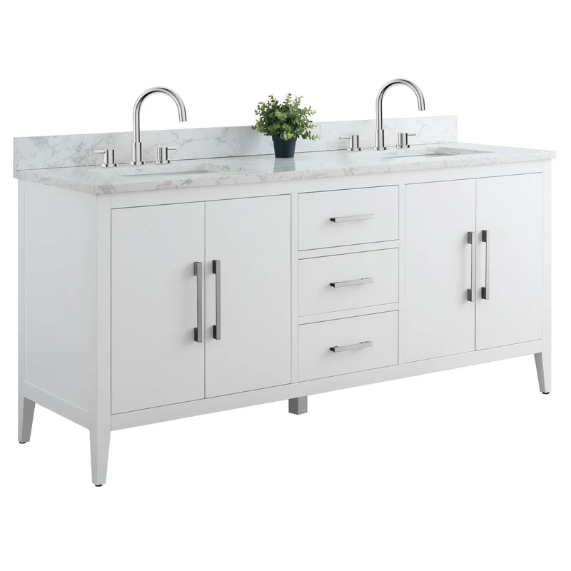Meuble-lavabo de salle de bain Vanity Art 72 po à double vasque avec dessus en marbre reconstitué