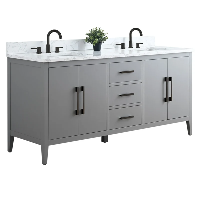 Meuble-lavabo de salle de bain Vanity Art 72 po à double vasque avec dessus en marbre reconstitué