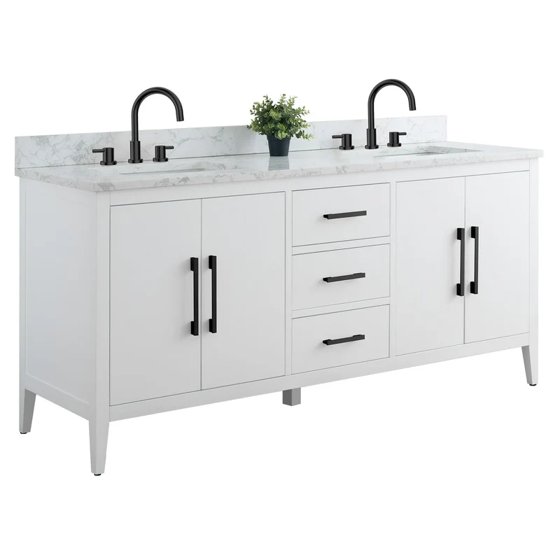 Meuble-lavabo de salle de bain Vanity Art 72 po à double vasque avec dessus en marbre reconstitué