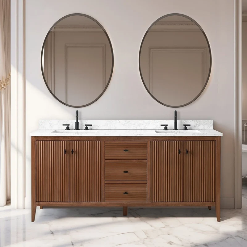 Meuble-lavabo de salle de bain Vanity Art 72 po à double vasque avec dessus en marbre reconstitué