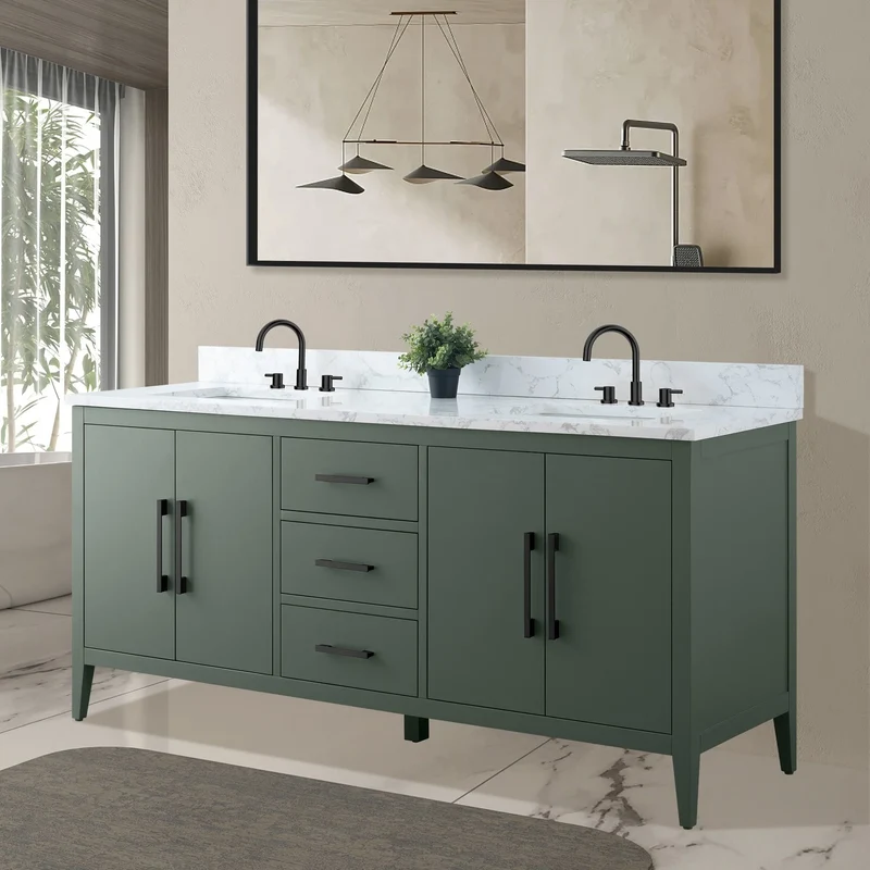 Meuble-lavabo de salle de bain Vanity Art 72 po à double vasque avec dessus en marbre reconstitué