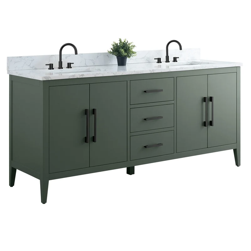 Meuble-lavabo de salle de bain Vanity Art 72 po à double vasque avec dessus en marbre reconstitué