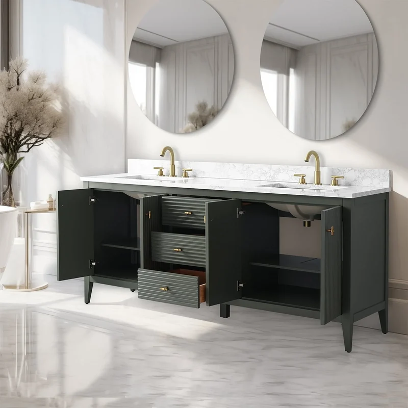 Meuble-lavabo de salle de bain Vanity Art 72 po à double vasque avec dessus en marbre reconstitué
