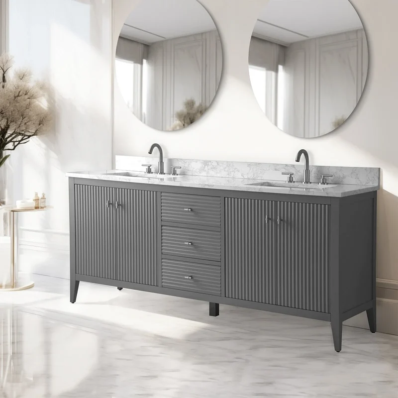 Meuble-lavabo de salle de bain Vanity Art 72 po à double vasque avec dessus en marbre reconstitué