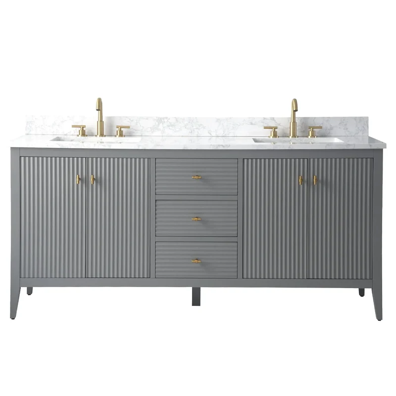 Meuble-lavabo de salle de bain Vanity Art 72 po à double vasque avec dessus en marbre reconstitué