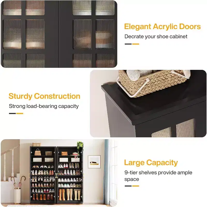 Meuble à chaussures haut Lantine avec portes, rangement à chaussures à 8 niveaux avec étagères réglables, armoire à chaussures moderne pour couloir, placard, salon, blanc