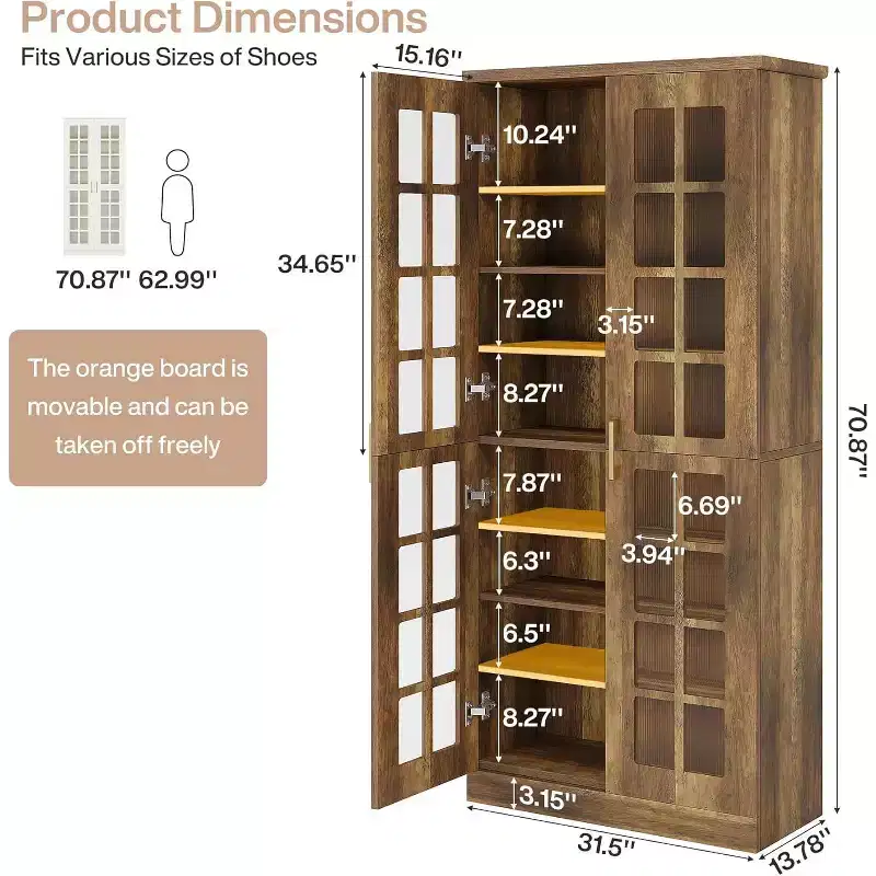 Meuble à chaussures haut Lantine avec portes, rangement à chaussures à 8 niveaux avec étagères réglables, armoire à chaussures moderne pour couloir, placard, salon, blanc