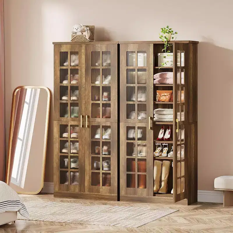 Meuble à chaussures haut Lantine avec portes, rangement à chaussures à 8 niveaux avec étagères réglables, armoire à chaussures moderne pour couloir, placard, salon, blanc