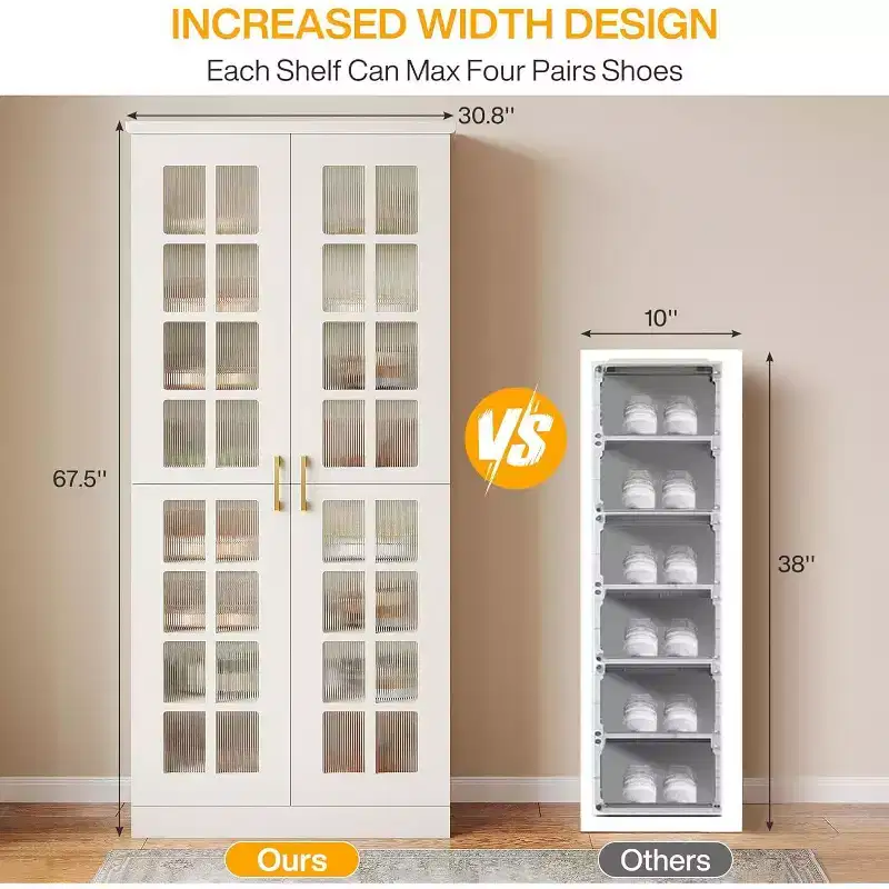 Meuble à chaussures haut Lantine avec portes, rangement à chaussures à 8 niveaux avec étagères réglables, armoire à chaussures moderne pour couloir, placard, salon, blanc