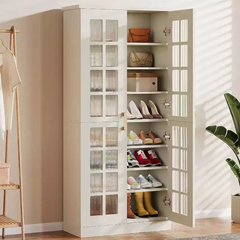 Meuble à chaussures haut Lantine avec portes, rangement à chaussures à 8 niveaux avec étagères réglables, armoire à chaussures moderne pour couloir, placard, salon, blanc
