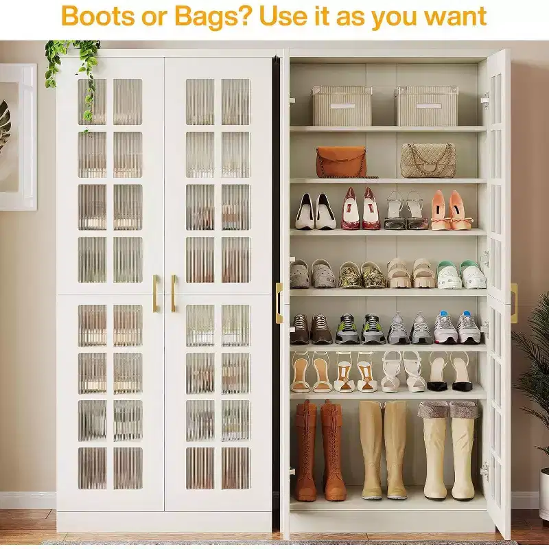 Meuble à chaussures haut Lantine avec portes, rangement à chaussures à 8 niveaux avec étagères réglables, armoire à chaussures moderne pour couloir, placard, salon, blanc