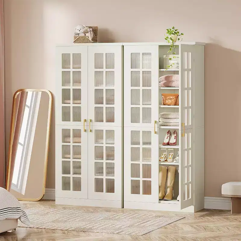 Meuble à chaussures haut Lantine avec portes, rangement à chaussures à 8 niveaux avec étagères réglables, armoire à chaussures moderne pour couloir, placard, salon, blanc