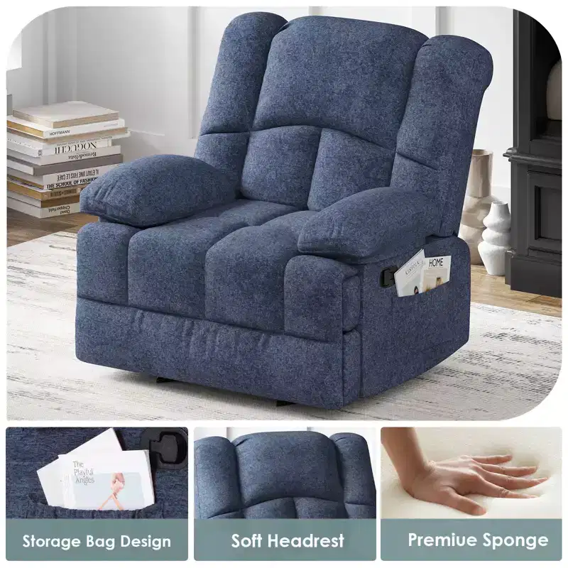 Fauteuil inclinable à bascule surdimensionné bleu avec revêtement en chenille