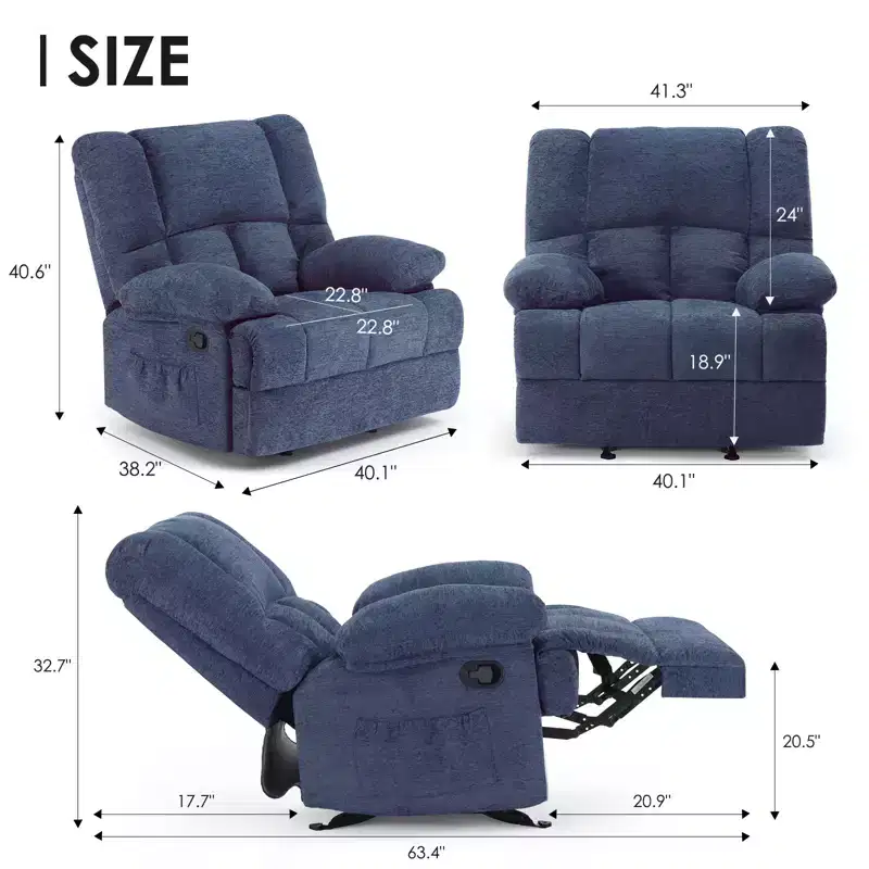 Fauteuil inclinable à bascule surdimensionné bleu avec revêtement en chenille