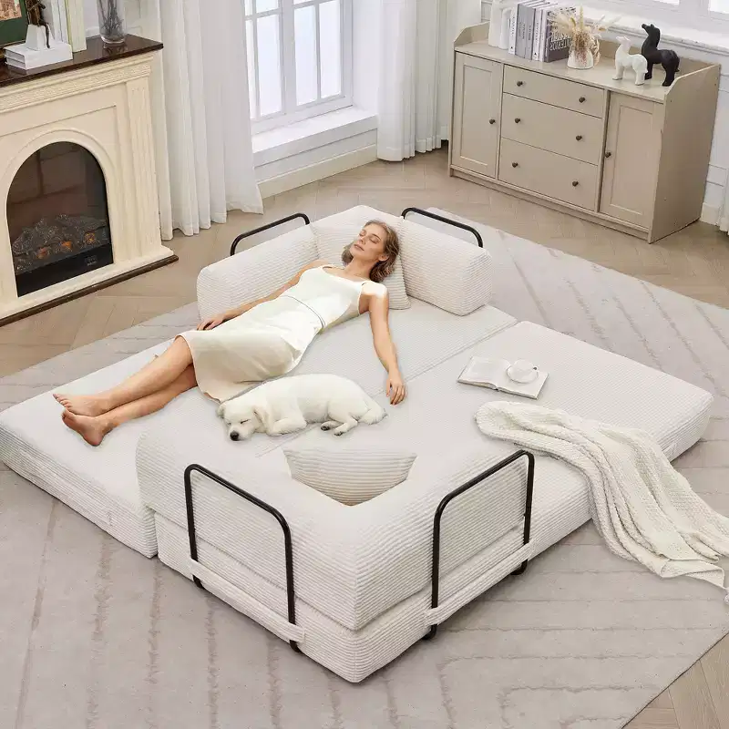 Canapé-lit convertible 4-en-1, matelas de sol pliant sans cadre en velours côtelé de 79 po avec oreiller, causeuse sans assemblage pour petit appartement