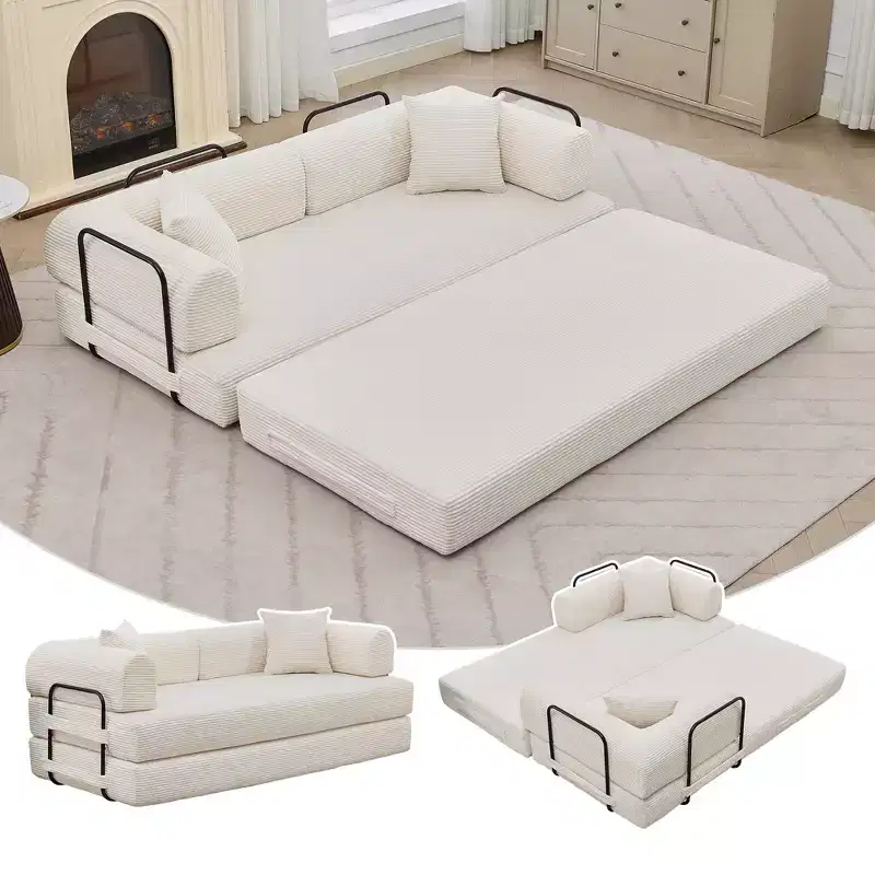 Canapé-lit convertible 4-en-1, matelas de sol pliant sans cadre en velours côtelé de 79 po avec oreiller, causeuse sans assemblage pour petit appartement