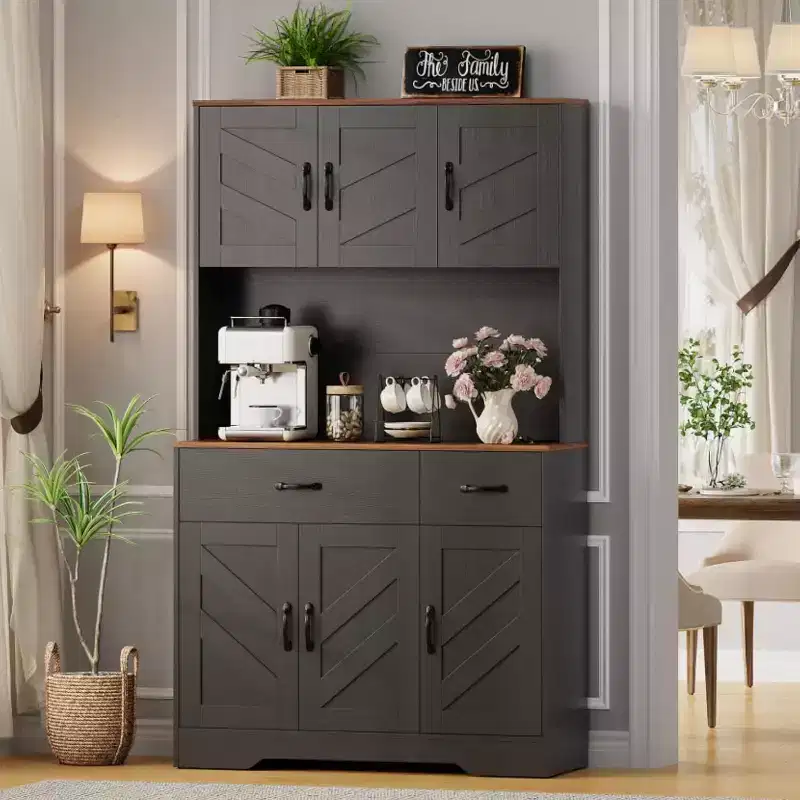 Meuble de cuisine de 71 pouces avec station de recharge, grand plan de travail, support à micro-ondes et 2 tiroirs, rangement de type « hutch » pour salle à manger et salon