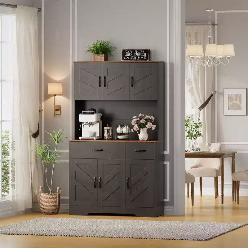 Meuble de cuisine de 71 pouces avec station de recharge, grand plan de travail, support à micro-ondes et 2 tiroirs, rangement de type « hutch » pour salle à manger et salon