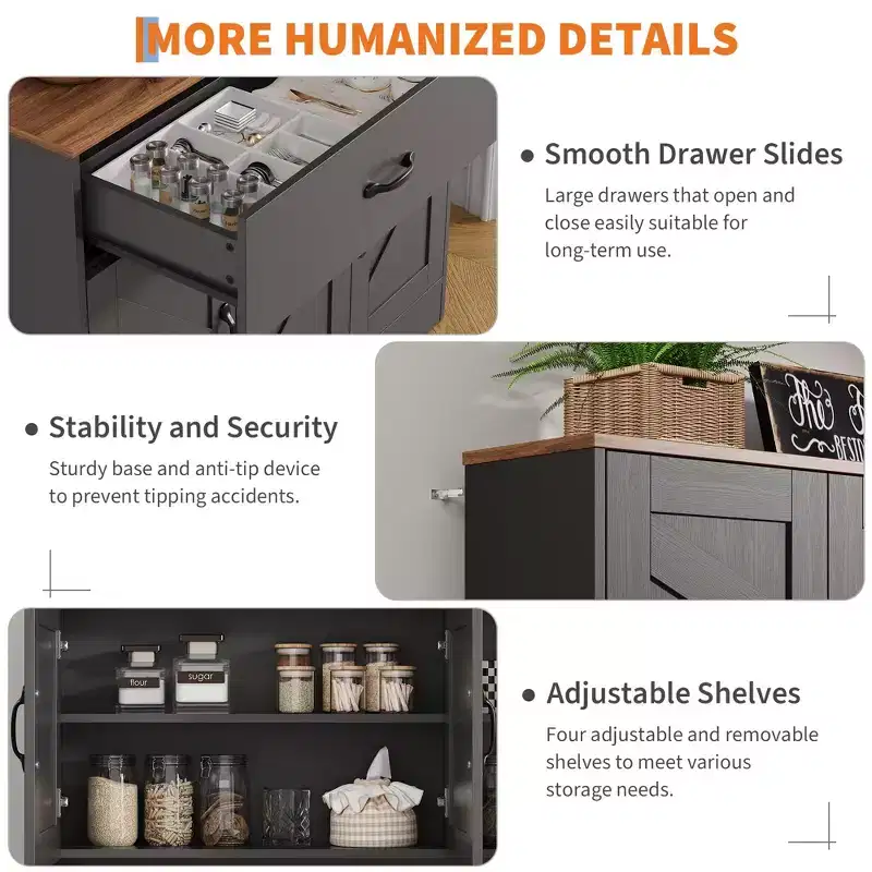 Meuble de cuisine de 71 pouces avec station de recharge, grand plan de travail, support à micro-ondes et 2 tiroirs, rangement de type « hutch » pour salle à manger et salon