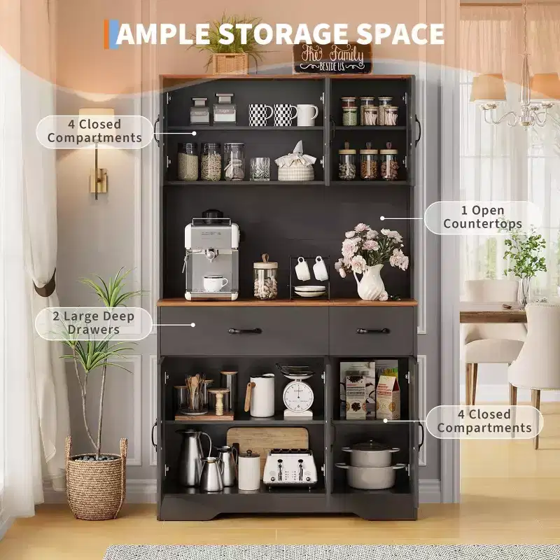Meuble de cuisine de 71 pouces avec station de recharge, grand plan de travail, support à micro-ondes et 2 tiroirs, rangement de type « hutch » pour salle à manger et salon