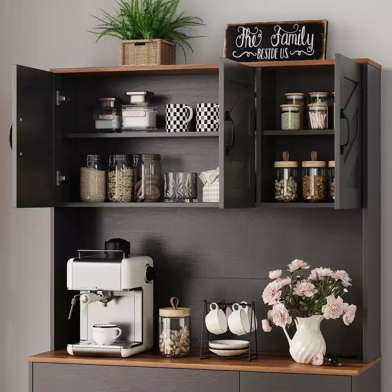 Meuble de cuisine de 71 pouces avec station de recharge, grand plan de travail, support à micro-ondes et 2 tiroirs, rangement de type « hutch » pour salle à manger et salon