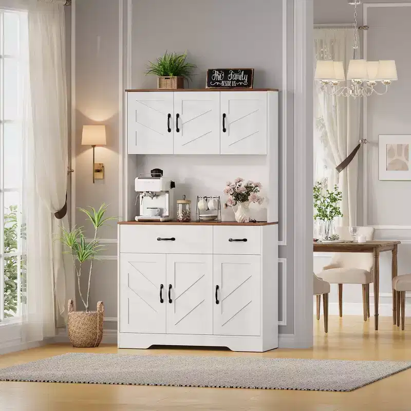 Meuble de cuisine de 71 pouces avec station de recharge, grand plan de travail, support à micro-ondes et 2 tiroirs, rangement de type « hutch » pour salle à manger et salon