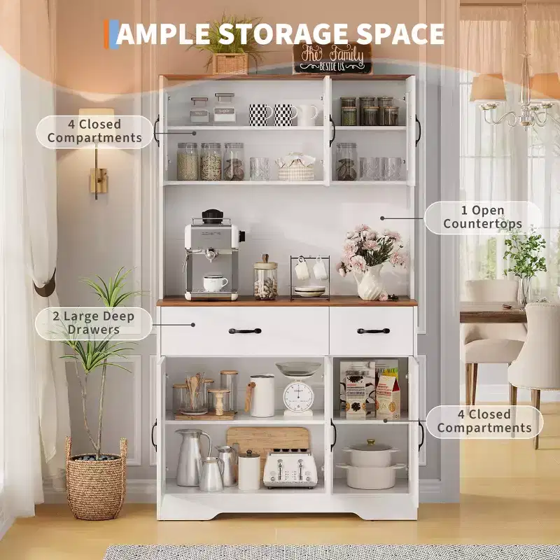 Meuble de cuisine de 71 pouces avec station de recharge, grand plan de travail, support à micro-ondes et 2 tiroirs, rangement de type « hutch » pour salle à manger et salon
