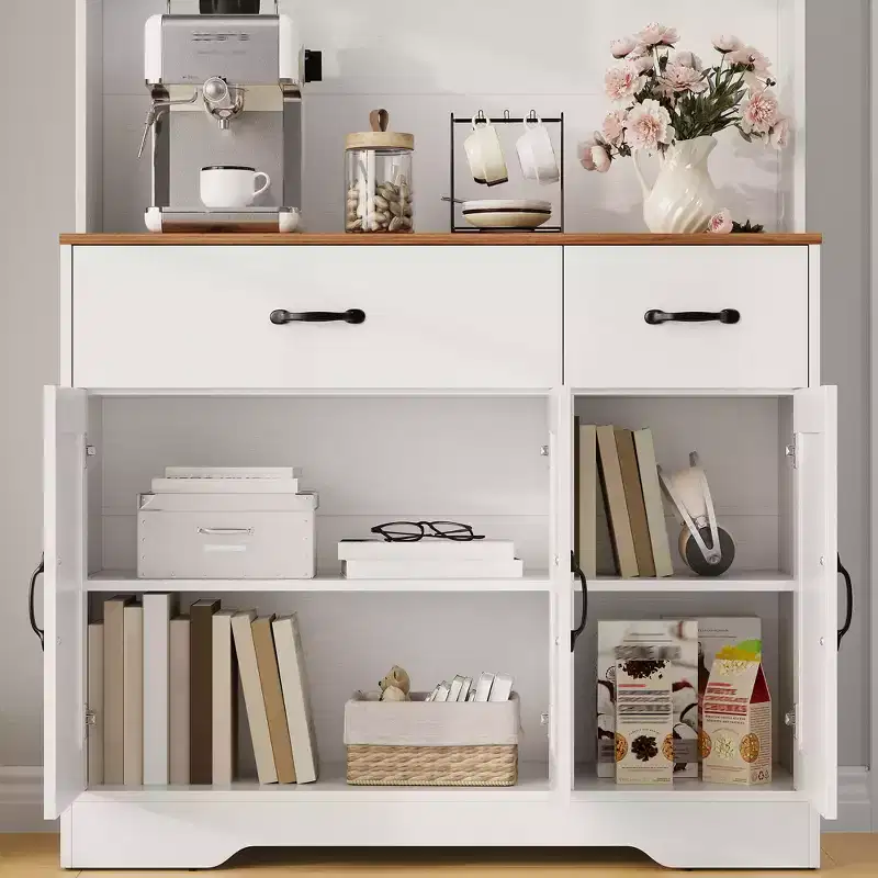 Meuble de cuisine de 71 pouces avec station de recharge, grand plan de travail, support à micro-ondes et 2 tiroirs, rangement de type « hutch » pour salle à manger et salon