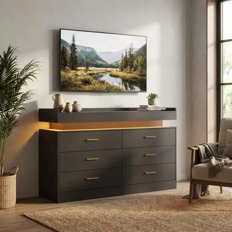 Meuble TV moderne avec 6 tiroirs et lumières LED, bar à café flottant pour centre de divertissement de salon