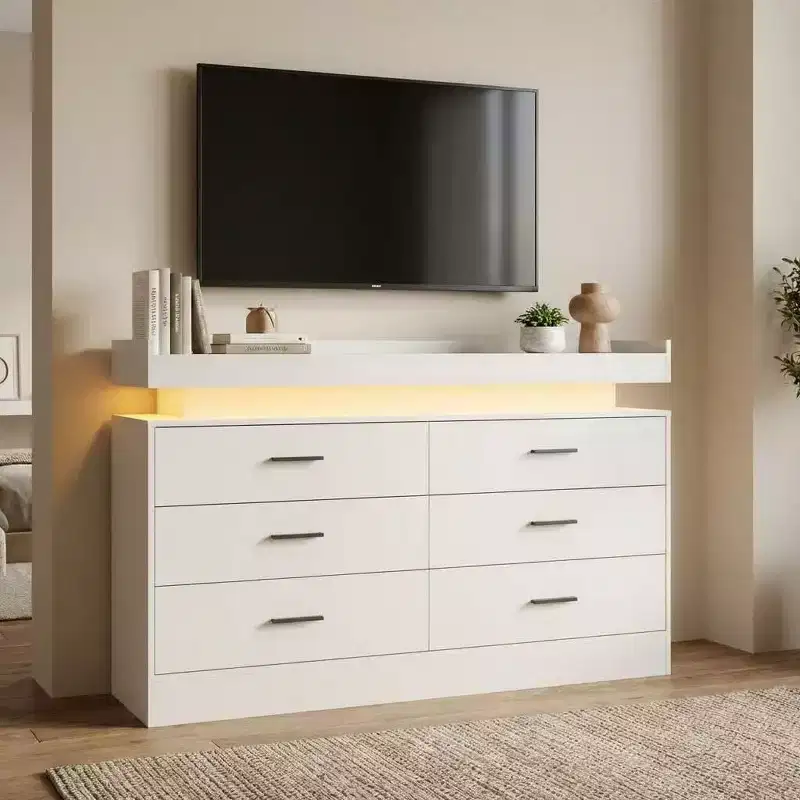 Meuble TV moderne avec 6 tiroirs et lumières LED, bar à café flottant pour centre de divertissement de salon