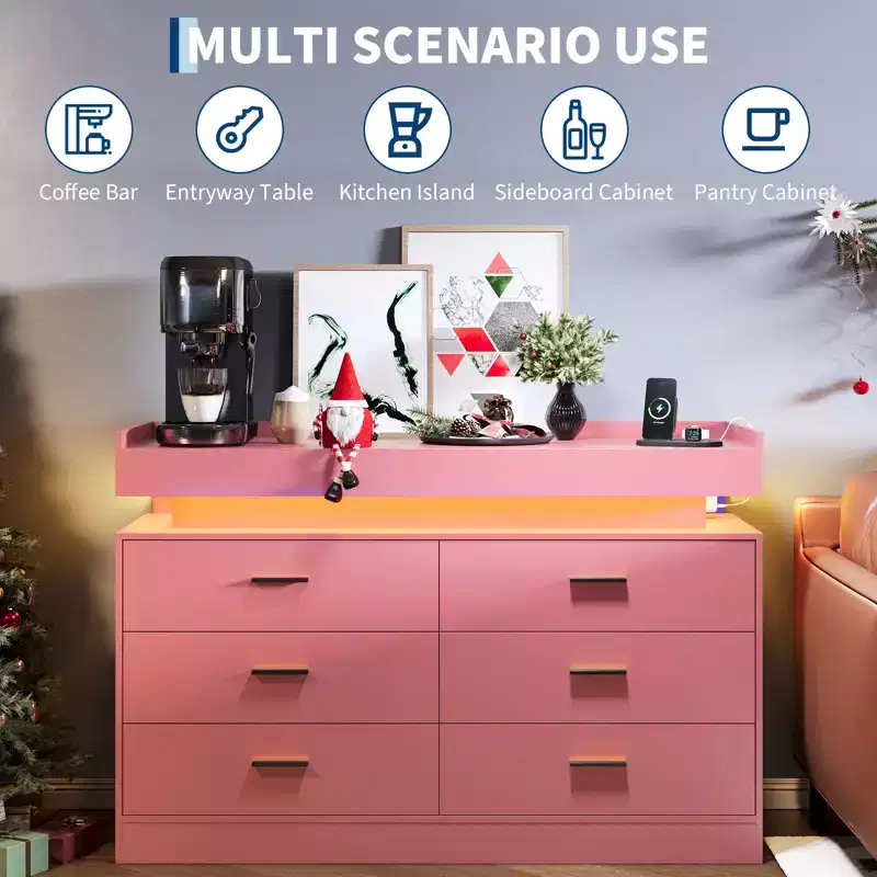 Meuble TV moderne avec 6 tiroirs et lumières LED, bar à café flottant pour centre de divertissement de salon