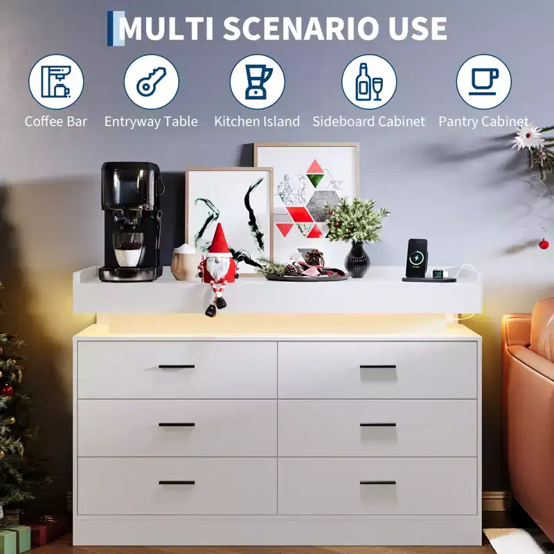 Meuble TV moderne avec 6 tiroirs et lumières LED, bar à café flottant pour centre de divertissement de salon