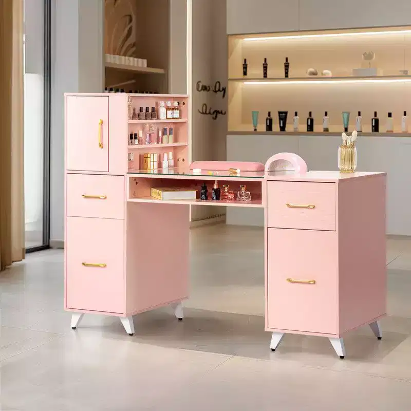 Bureau de manucure moderne noir/rose avec plateau en verre et repose-poignet, poste unique