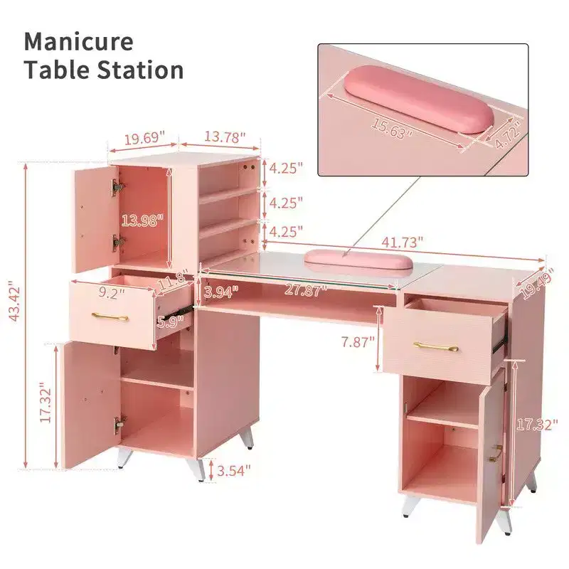 Bureau de manucure moderne noir/rose avec plateau en verre et repose-poignet, poste unique