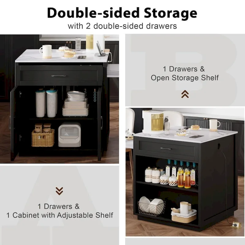 Îlot de cuisine en bois de 210 cm pour 4 à 6 personnes avec table à manger extensible et rangement double.