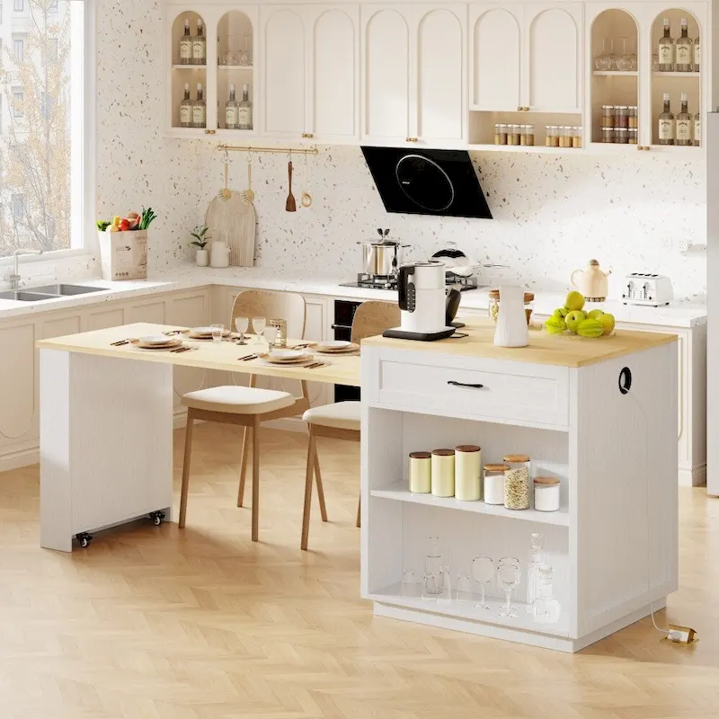 Îlot de cuisine en bois de 210 cm pour 4 à 6 personnes avec table à manger extensible et rangement double.