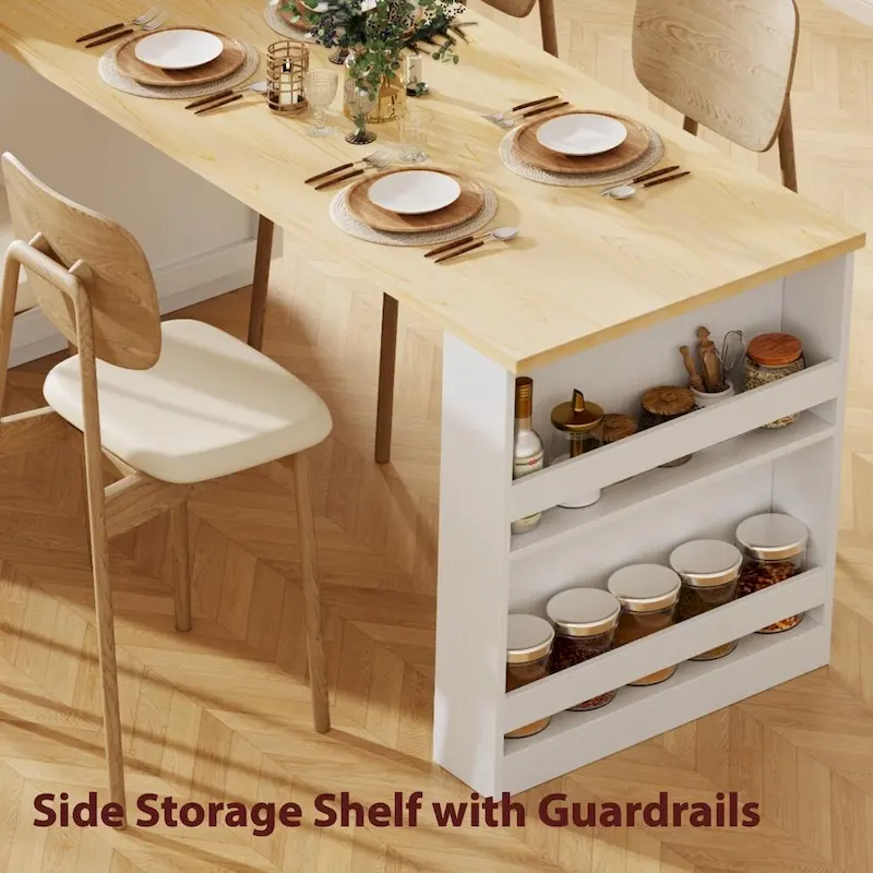 Îlot de cuisine en bois de 210 cm pour 4 à 6 personnes avec table à manger extensible et rangement double.
