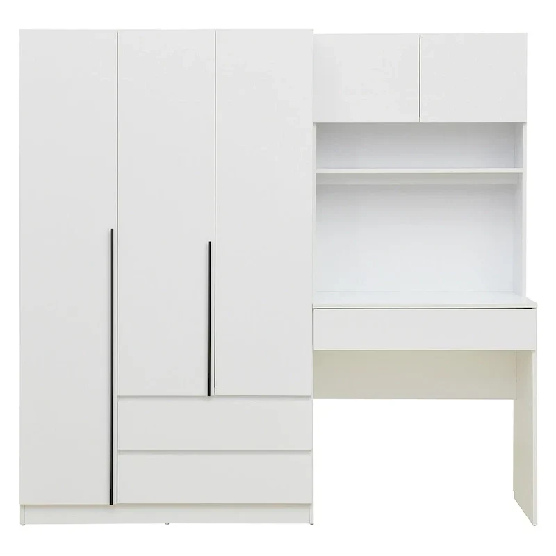 Armoire-penderie 3-en-1 avec coiffeuse, ensemble de bureau, armoire de chambre avec 2 tiroirs, armoire-penderie à 3 portes avec espace de rangement
