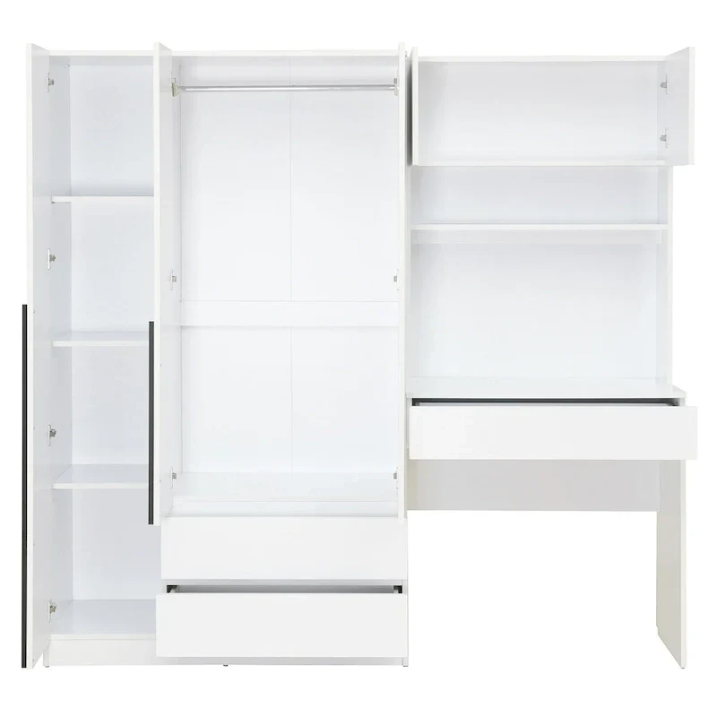 Armoire-penderie 3-en-1 avec coiffeuse, ensemble de bureau, armoire de chambre avec 2 tiroirs, armoire-penderie à 3 portes avec espace de rangement